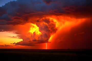 Fototapeta premium Fiery Sunset Storm Cloudscape with Lightning Bolt