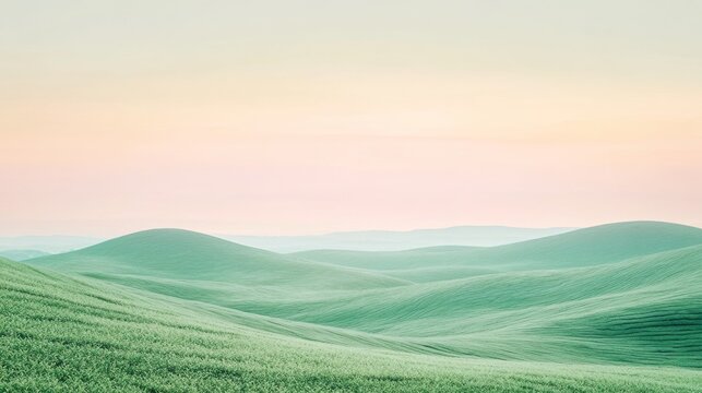 Rolling hills bathed in a soft pastel hue stretch into the horizon, offering a tranquil and dreamlike landscape filled with calm and boundless beauty.