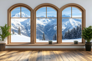 Fototapeta premium Mountain view from arched windows, winter scene, cozy room