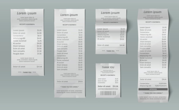 Paper bill receipt mockup collection of different formats - short service slip, detailed itemized check, payment confirmation with barcode, long cash register ticket. Professional template with prices