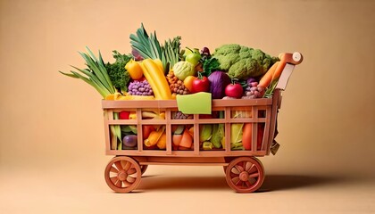 Rustic Wicker Cart Filled with Fresh Colorful Vegetables