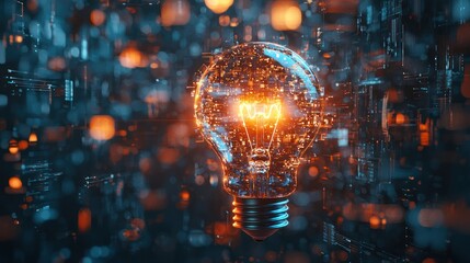 An abstract representation of innovation creation with a glowing lightbulb surrounded by technological and creative imagery.