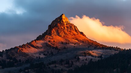 Naklejka premium Majestic mountain peak at sunset, vibrant orange and pink hues lighting rocky summit, serene landscape exuding tranquility.