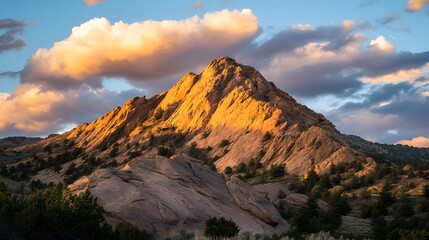 Obraz premium Majestic mountain peak during golden hour, rugged terrain highlighted by warm sunlight, ideal for nature-themed designs.