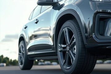 Close-up of a sleek black SUV on an asphalt road with a blurred cityscape in the background. Modern automotive and urban lifestyle concept