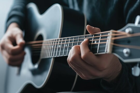 Close-up of hands playing an acoustic guitar with a blurred background. Music creation and practice concept