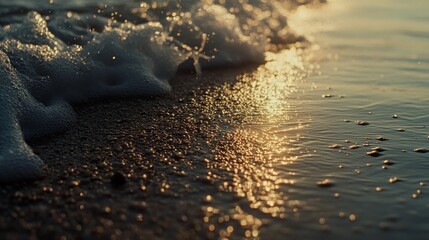 Golden light glistens on wet sand as gentle waves of the sea lapping at the shore create a shimmering twilight scene.