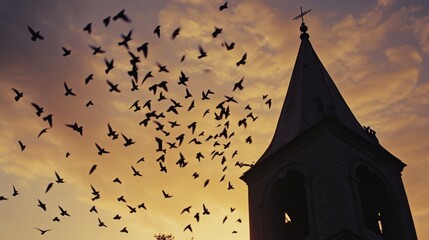 A dramatic flock of birds encircles a church tower against a fiery sunset, blending awe and mystery in nature's embrace.