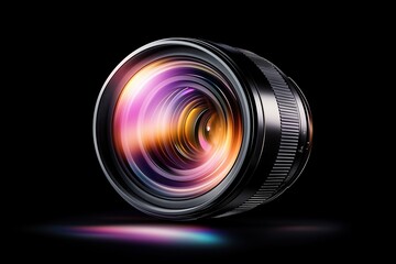Close-up of a camera lens with vibrant reflections on a black background. Modern photography and professional equipment representation.
