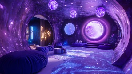 Purple and Blue Galaxy Themed Room with Pillows and a  Projection