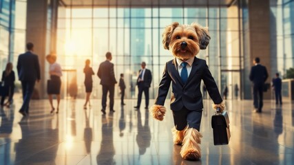 Business dog walking in office hall with briefcase: funny animal
