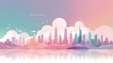 A dreamy pastel-colored vector skyline with abstract shapes.