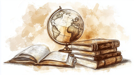 Watercolor illustration of vintage books and a globe, symbolizing knowledge and exploration.