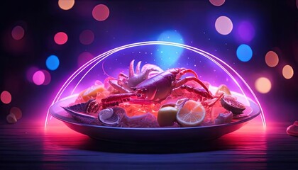 Fresh Seafood Platter with Neon Glow and Candlelight