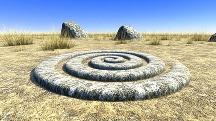 Stone Spiral in Desert Landscape, Ancient Symbol, Archaeological Site