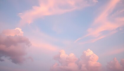 Beautiful pastel colored sunset sky with fluffy clouds. Ideal for creating a romantic or nostalgic atmosphere.