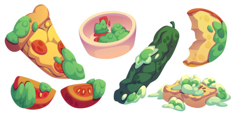 Rotten food collection with moldy pizza slice, spoiled tomato halves, sauce covered in fungus, decaying cucumber, bitten apple with green decomposition spots. Cartoon deteriorated meal items.