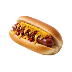Mouthwatering Chili Dog with Savory Toppings on White Background