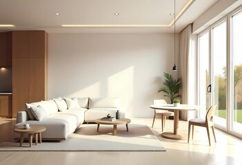 Fototapeta premium This modern office interior features a sleek table and contemporary design, bathed in natural light