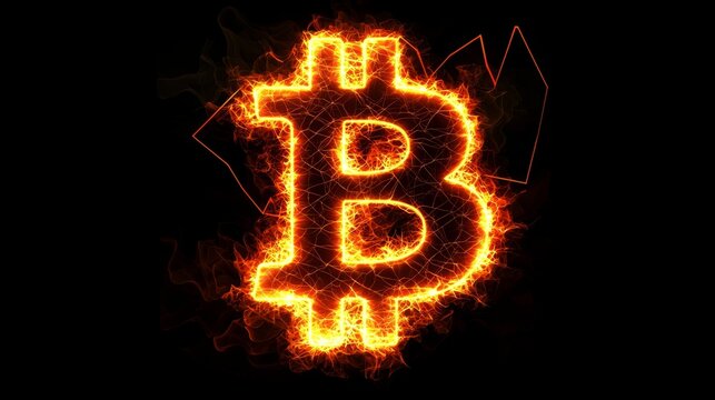Flaming Bitcoin Symbol on Black Background with Abstract Financial Elements and Bright Sparks of Light