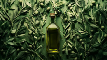 Olive Oil Bottle Surrounded by Olive Branches and Fresh Olives on Green Background