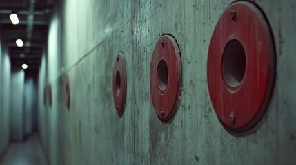A dimly lit corridor with red circular vents on concrete walls creates a feeling of industrial mystery and architectural intrigue.