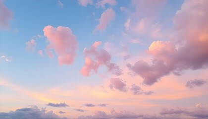 Stunning sunset sky with fluffy pink clouds. Perfect for creating a serene and calming atmosphere