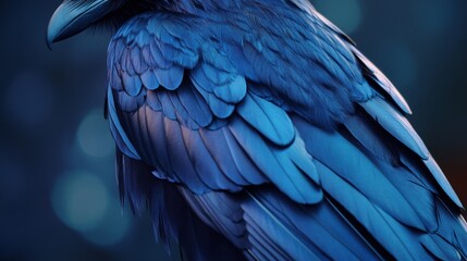 Obraz premium A raven's glossy feathers shimmer in deep blue, set against a bokeh of light, evoking a sense of mystery and grace.