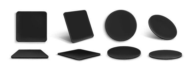 Black drink coaster set - round and square shapes from different angles. Top flat position, tilted view, side perspective on white surface. Minimal dark beverage mat design for product presentation.