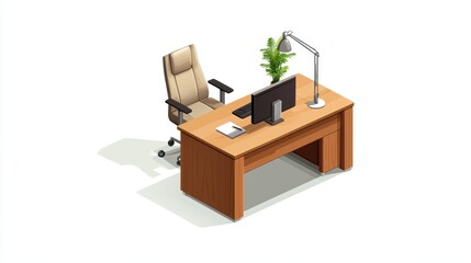 A serene and productive workspace, desk with computer plant for enhanced focus