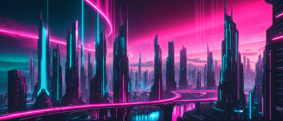 Obraz premium A futuristic city under a mesmerizing neon aurora, reflecting the vibrant light