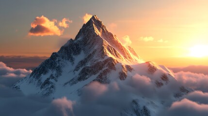 Obraz premium Majestic mountain peak at sunrise, towering snow-capped summit above soft clouds, tranquil and inspiring natural landscape.