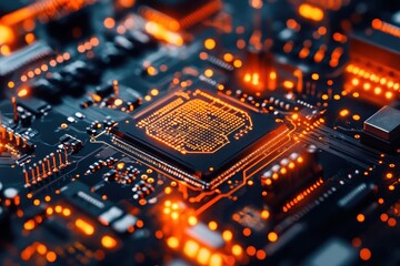 Obraz premium A close-up of a circuit board being inspected by an engineer, showcasing intricate details and technology.