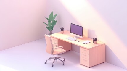 Fototapeta premium A modern desk setup, enhance productivity with computer, plant, and inspiring workspace