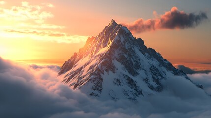 Obraz premium Majestic snow-capped mountain at sunrise, vibrant colors illuminating peaks, tranquil atmosphere, perfect for nature themes.