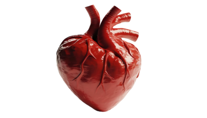Realistic 3D human heart, anatomical model, black background, medical illustration