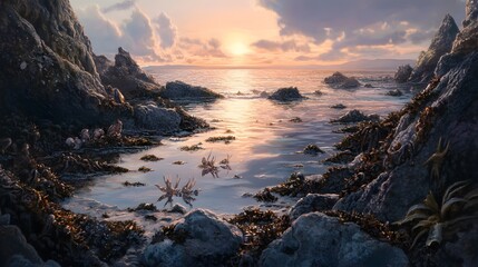 Tranquil coastal landscape at sunset, rocky shore reflecting warm hues, perfect for mood setting or relaxation themes.