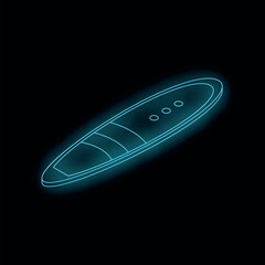 Bright neon surfboard glowing on a black background, evoking summer vibes and watersports excitement