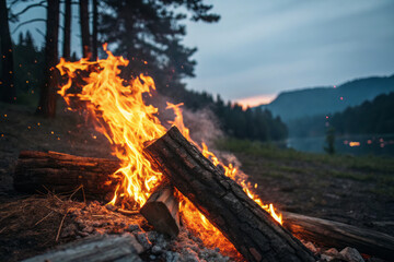 Obraz premium Cozy campfire with glowing embers in rustic wilderness scene