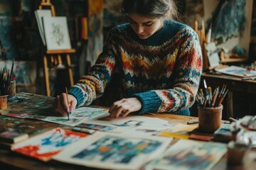 Fototapeta premium A young woman in a cozy sweater meticulously paints a watercolor landscape in her art studio.