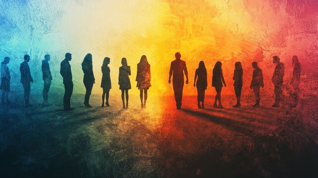 An artistic depiction of jealousy with people divided into envious and happy groups.