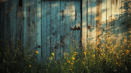 A weathered blue wooden door surrounded by wildflowers, blending rustic charm and natural beauty.