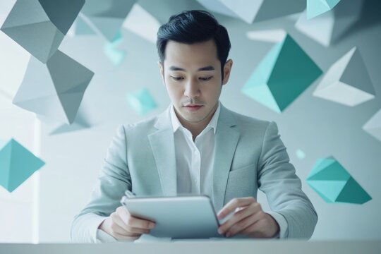 A young Asian businessman in a light gray suit uses a tablet against an abstract background of teal and gray geometric shapes. - Powered by Adobe