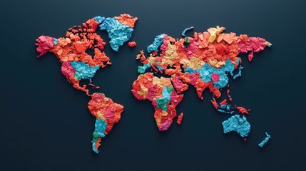 Colorful abstract of a global map displaying waste production and recycling rates across different countries and continents highlighting environmental sustainability and resource management concepts