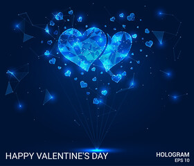 The hologram "Happy Valentine's Day". The hologram of hearts consists of polygons, triangles, dots and lines. The "Happy Valentine's Day" hologram is a low-poly composite structure. Vector