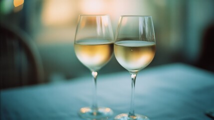 Obraz premium Two glasses of white wine on a softly lit table, exuding a romantic and serene atmosphere, perfectly poised to capture an intimate moment.