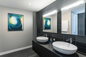A contemporary bathroom with sleek black tiles, a frameless mirror, and abstract acrylic art in monochrome tones.