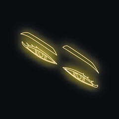 Neon sign of eyelashes and eyebrows glowing yellow against a dark background, perfect for beauty and fashion projects