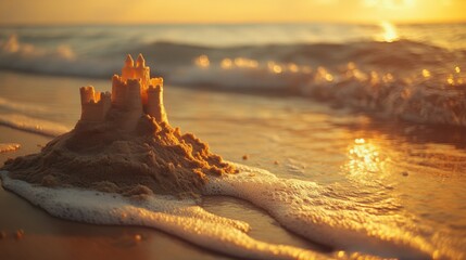 A majestic sandcastle enduring the caress of sunset waves, evoking nostalgic summer memories by the sea.