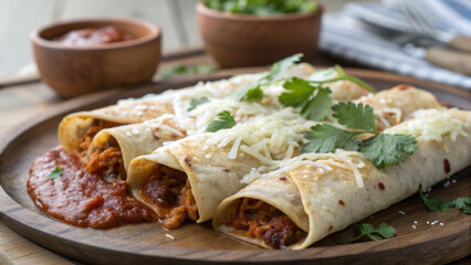 Delicious homemade enchiladas topped with cheese and fresh herbs